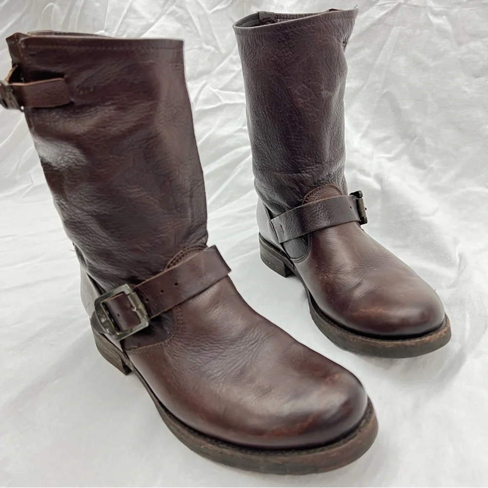 Frye harness buckle strap brown leather mid calf boots moto riding motorcycle 7B - Picture 2 of 16